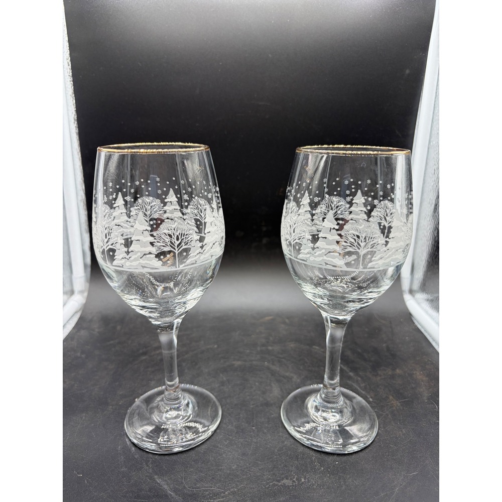 Frosted Winter Forest Wine Glasses Gold Rim Christmas Tree Set of 2 Holiday Stem